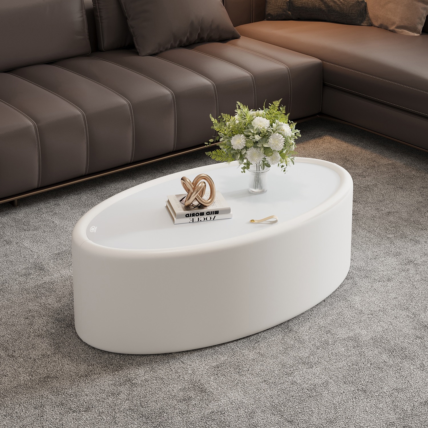 33.46" Oval Hidden Storage Coffee Table - 3C Certified Tempered Glass Top & Premium Leather Upholstered, Storage Coffee Table