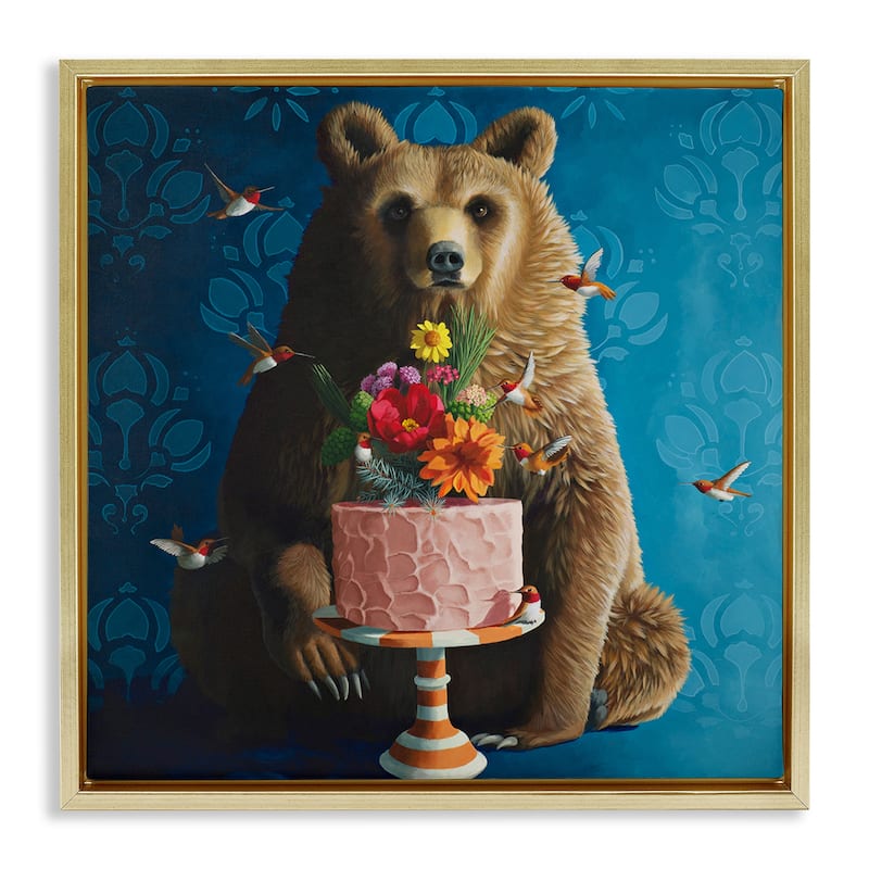 Stupell Bear with Sweet Dessert Cake Framed Floater Canvas Wall Art Design By Heather Gauthier - 25 x 25 - Gold