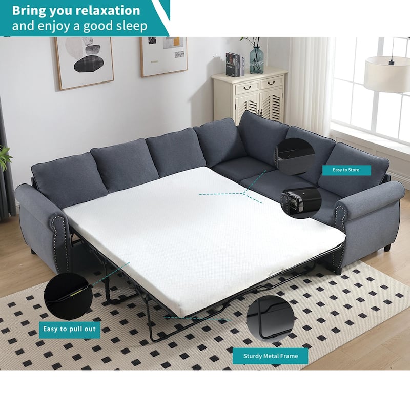 104" Polyester L-Shaped 6-Seater Sleeper Sofa with Pull-Out Queen Bed and 7 Removable Cushions