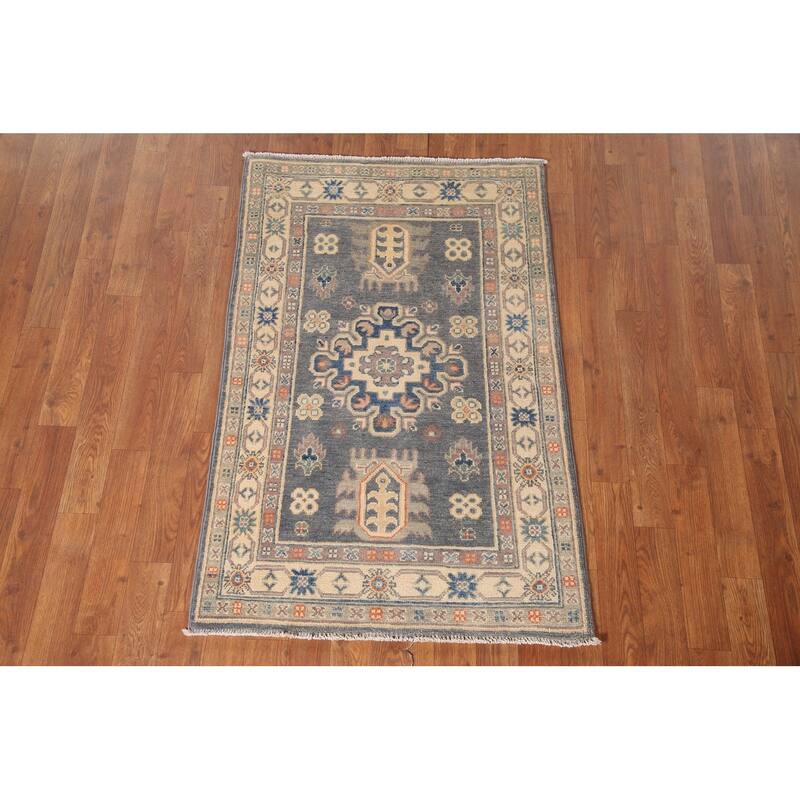 Geometric Gray Kazak Accent Rug Wool Carpet - 2'7" x 4'1"