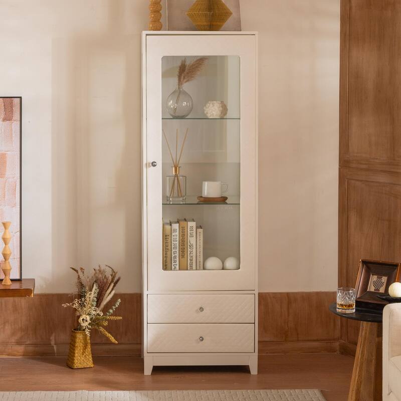 Anmytek 71'' Freestanding Upholstered Display Cabinet, Upholstered Glass Door Cabinet with Ceiling Light,Wine Cabinet