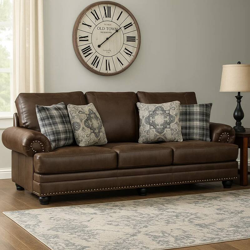 Jade 98 Inch Sofa, Rich Brown Microfiber, 4 Pillows, Soft Cushions, Wood