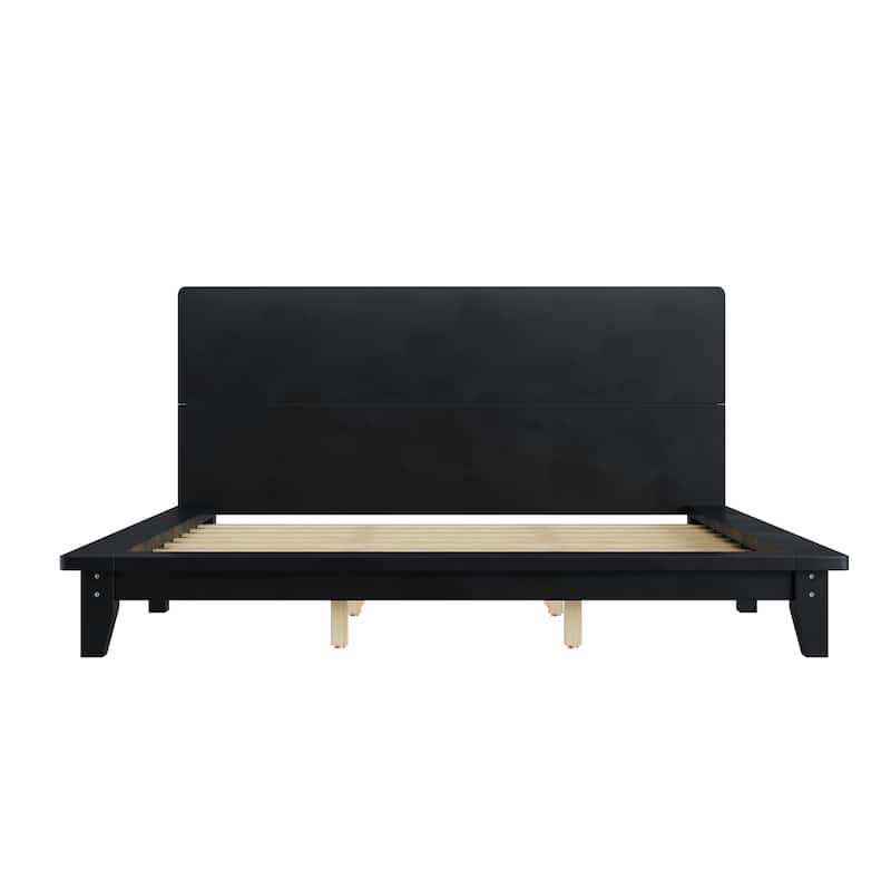 Low-Profile Platform Bed Frame with Headboard, Wood Slat Support, Wingback Panel Bed