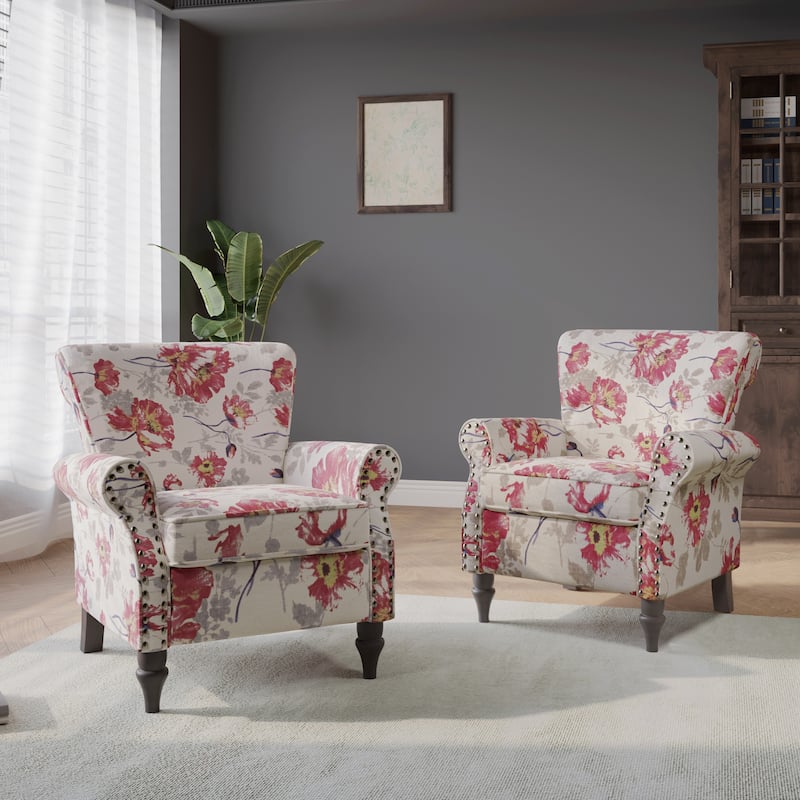 Set of 2 Modern Upholstered Armchair Nailhead Trim Accent Chair - Linen - Floral White