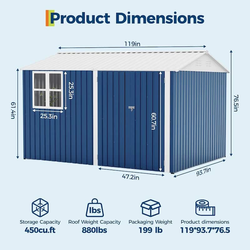 8×10FT Storage Shed Metal Tool Garden Shed for Garden, Backyard, Patio