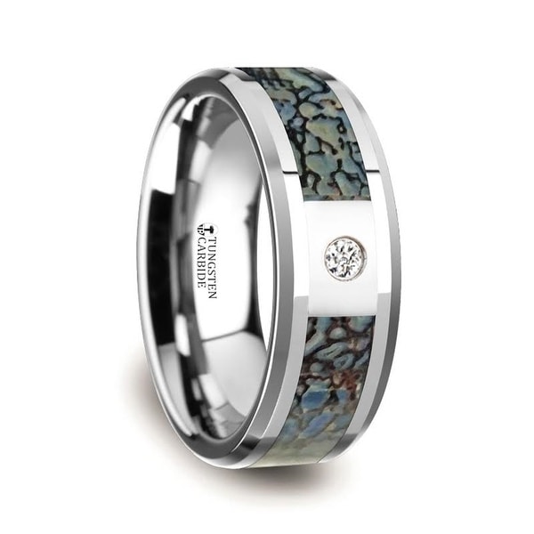 Thorsten Blue Dinosaur Bone Inlaid Tungsten Carbide Diamond Thorsten Blue Dinosaur Bone Inlaid Tungsten Carbide Diamond Wedding Band With Beveled Edges