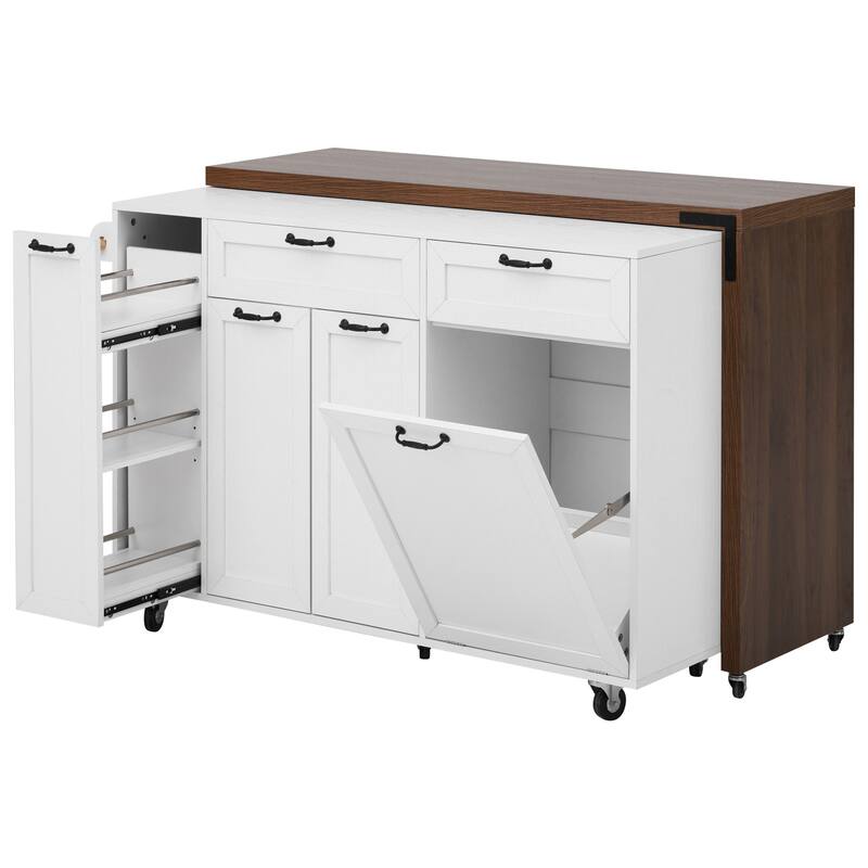 102.3" Kitchen Island with Extendable Table, Kitchen Rolling Island Cart with Trash Storage Cabinet, 3-Tier Pull-Out Spice Rack