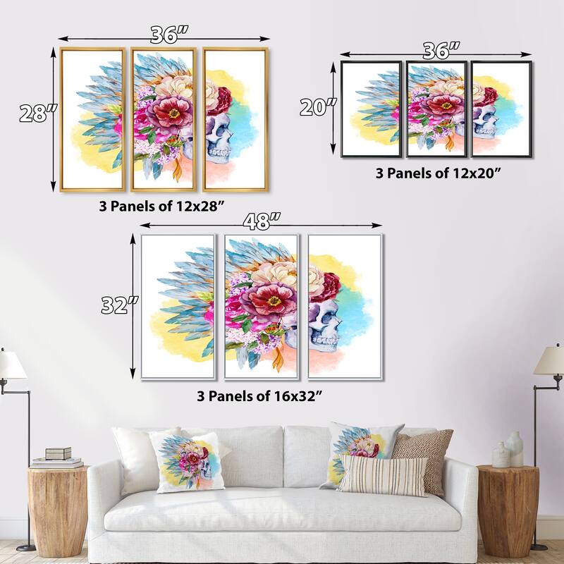 Designart "Skull and Flowers" Floral Framed Wall Art Set of 3 4