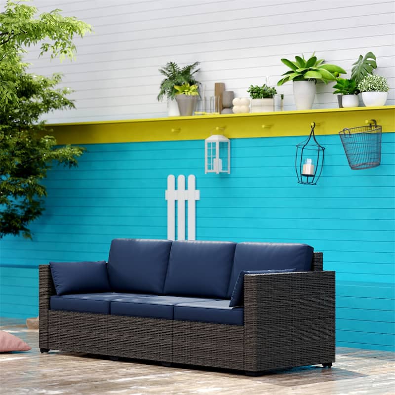 Navy Blue 3-Seat Outdoor Rattan Sofa with Cushions and Galvanized Steel Frame Perfect for Terrace - 78.7" W x 28.7" D x 28.3" H