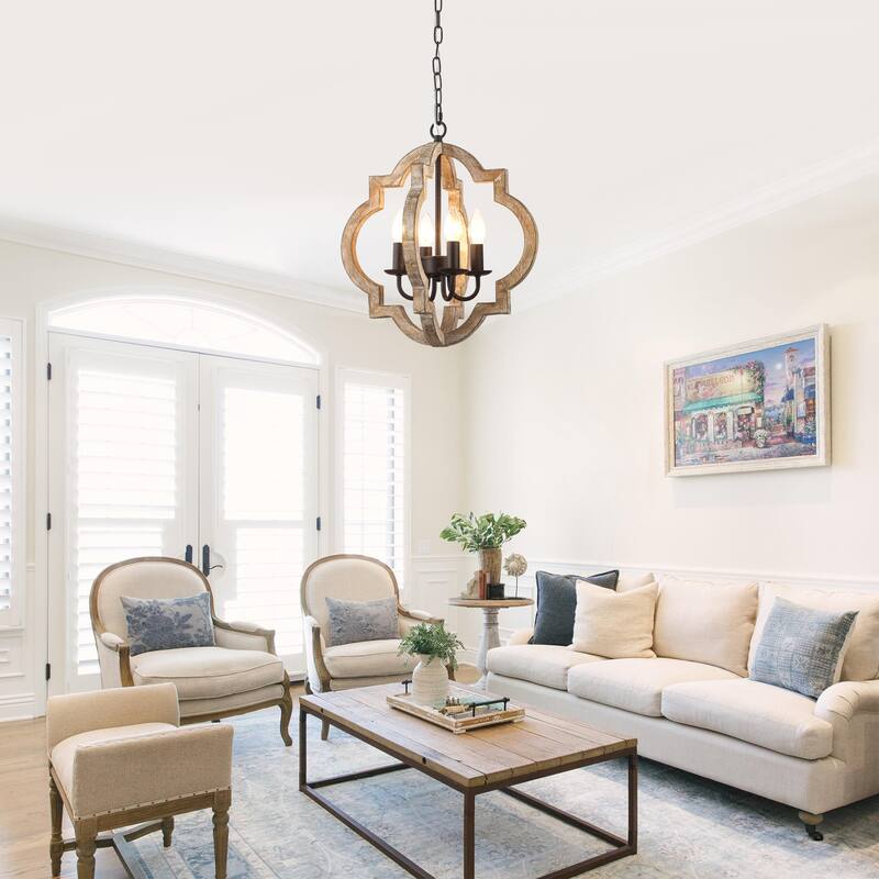 Bella Depot 16" 4-Light Distressed Wood Chandelier Adjustable Pendant Light for Dining Room Bedroom