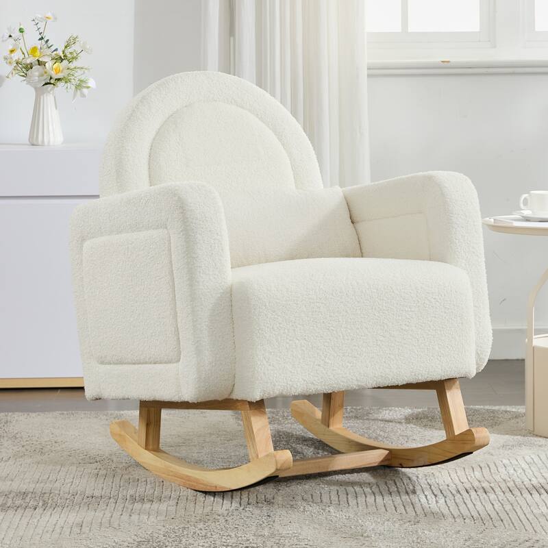 Wooden Base Nursery Rocking Chair, Cream White Accent Chair Lounge Chair with Curved Back & Pillow