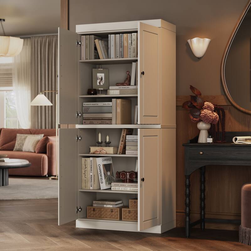 100% Solid Wood Tall Bookcase with Doors, Adjustable Shelves, Modular Storage Bookshelf, 32" W x 71.5" H - Off White