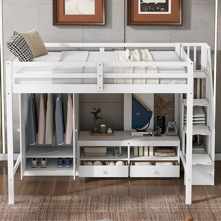 Full Size Loft Bed Frame with Wardrobe, Low Storage Table and Storage Staircase, Solid Wood Loft Bed Frame, No Box Spring Needed