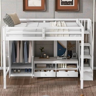 Full Size Loft Bed Frame with Wardrobe,Low Storage Table and Storage Staircase