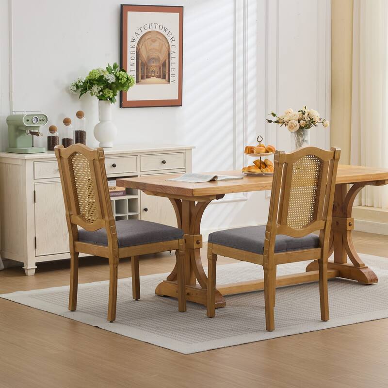 Roomfitters French Country Dining Chairs Set of 2 with Rattan Back and Upholstered Seat, Farmhouse Wood Side Chairs