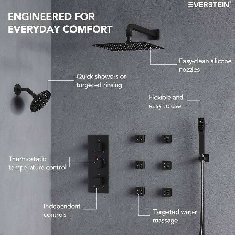 4-Functions Thermostatic Shower System, Wall Mount Shower Faucet Set 12" & 6" Dual Shower Head with 6 Body Jets