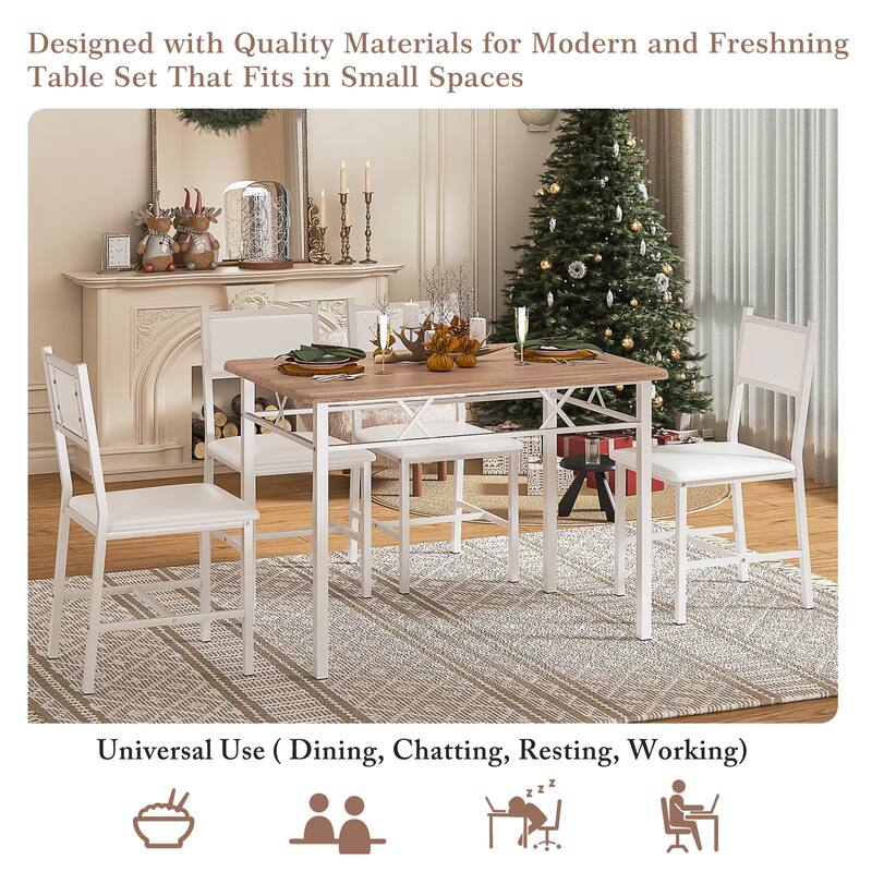 Javlergo 5-Piece White Frame Dining Set with Oak MDF Top PU Leather Chairs with Foam Padding Space Saving for Small Spaces