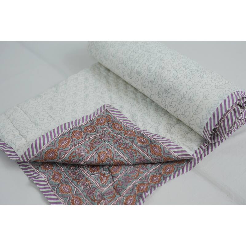 Fabdivine Luxury Hand Block Print Cotton Quilt Floral Boho Bedding for Bedroom & Sofa, Pink Brown, Handmade Reversible Bedspread