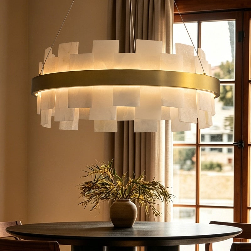 24 in. Modern LED Alabaster Chandelier Round Alabaster Pendant Light with Adjustable Hanging Cable for Dining Room and Foyer