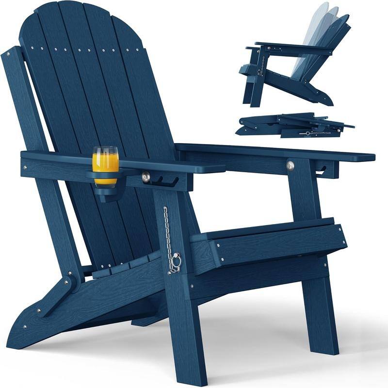 WINSOON Outdoor All-Weather HDPE Folding Adirondack Chair with Cup Holder & Adjustable Back - Navy