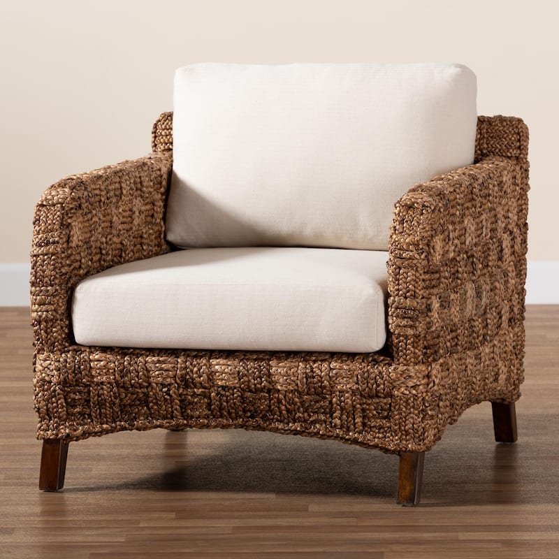 bali & pari Vevina Modern Bohemian Dark Brown Mahogany Wood and Woven Seagrass Arm Chair