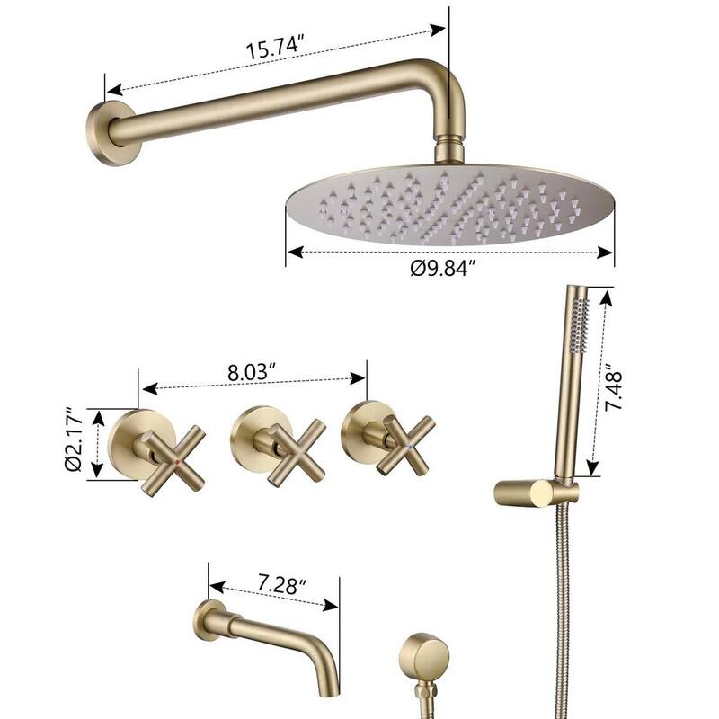 10" Solid Brass Wall Mounted Shower System with Tub Spout and 3-Cross Handles