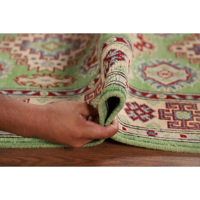 Light Green Kazak Oriental Runner Rug Hand-Knotted Wool Carpet - 2'9" x 9'7"