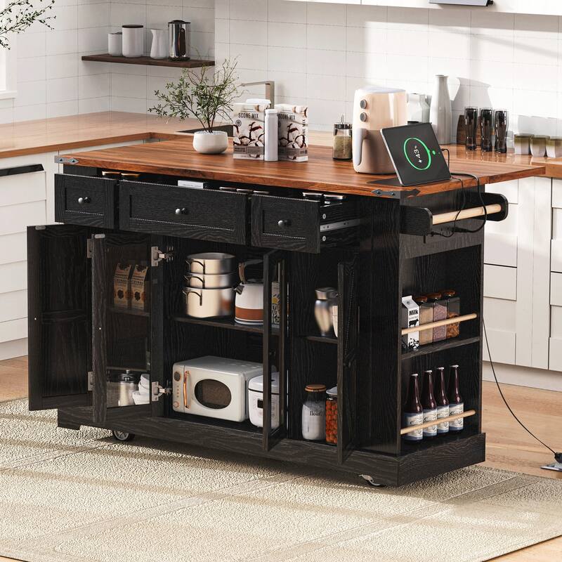 Kitchen Island with Two Tempered Glass Cabinet Doors, Power Outlet, Rolling Kitchen Cart on Wheels with Drop Leaf