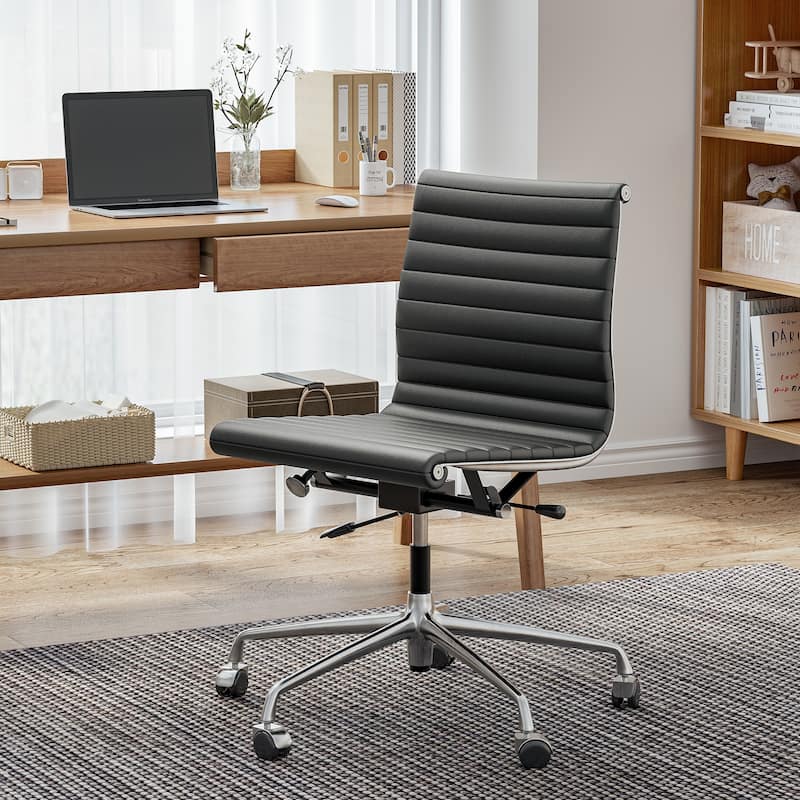 Mid Century Top Grain Leather Ergonomic Armless Office Swivel Chair - Black Low Back 