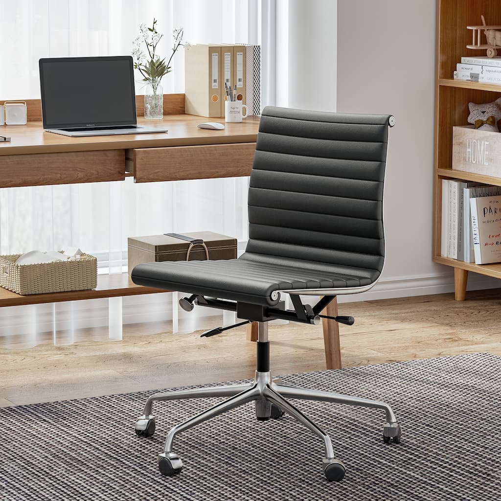 Mid Century Top Grain Leather Ergonomic Armless Office Swivel Chair