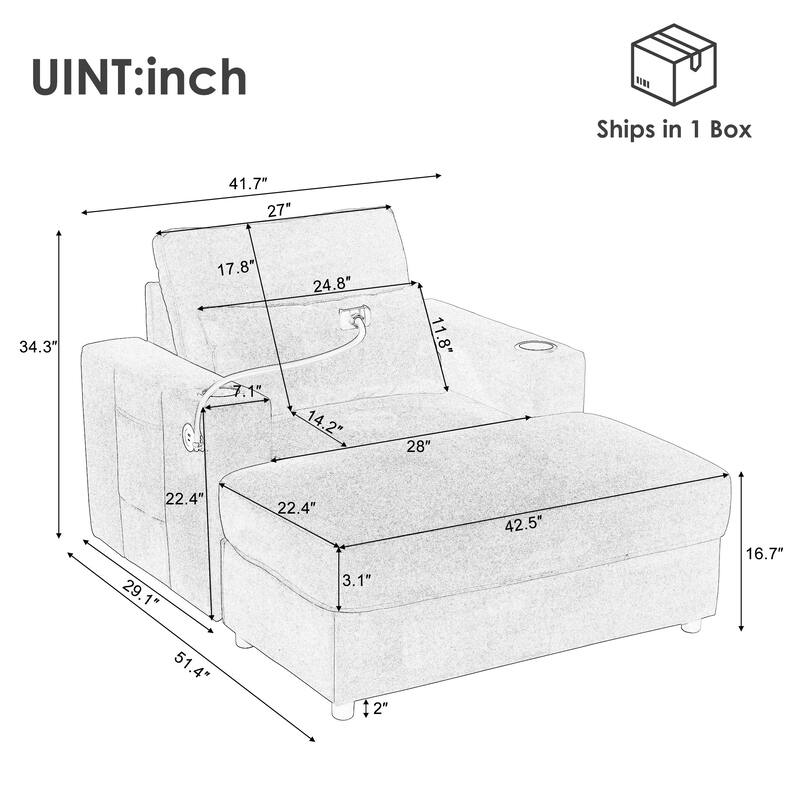 Chaise Lounge Sofa Couch with a Movable Storage Ottoman, Two USB Ports, Two Cup Holders, a Phone Holder，Side Pockets