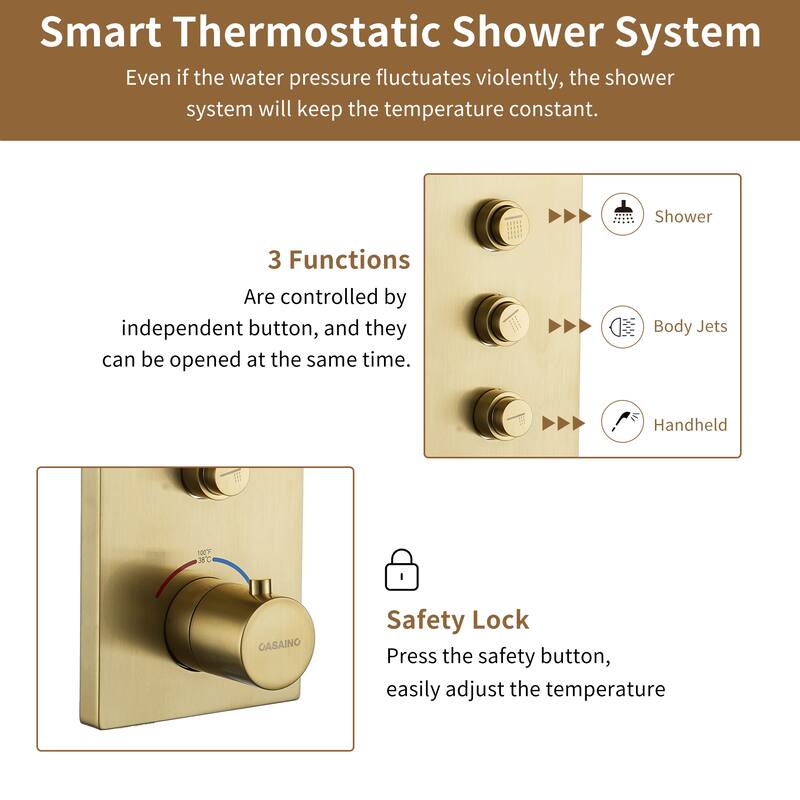 3-Function 12-Inch Ceiling-Mounted Thermostatic Shower System in Brushed Gold with Square Shower Head