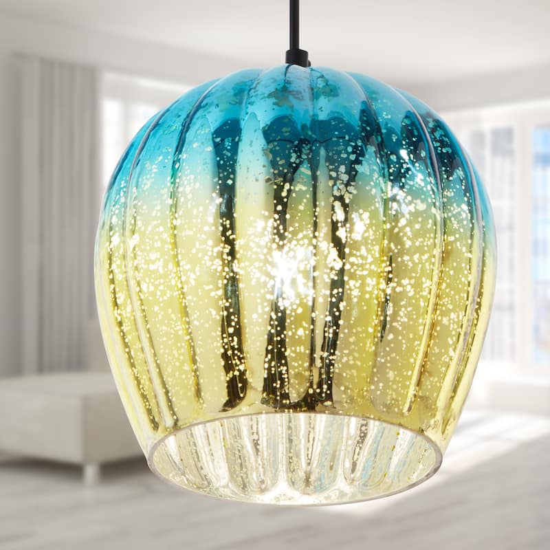 Diania River of Goods Teal and Gold Ombre Mercury Glass and Metal Globe Shade Pendant Light - 9"x 9"x 13/72"