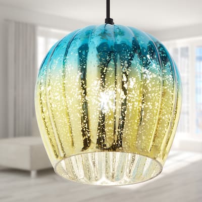 Diania River of Goods Teal and Gold Ombre Mercury Glass and Metal Globe Shade Pendant Light - 9"x 9"x 13/72"