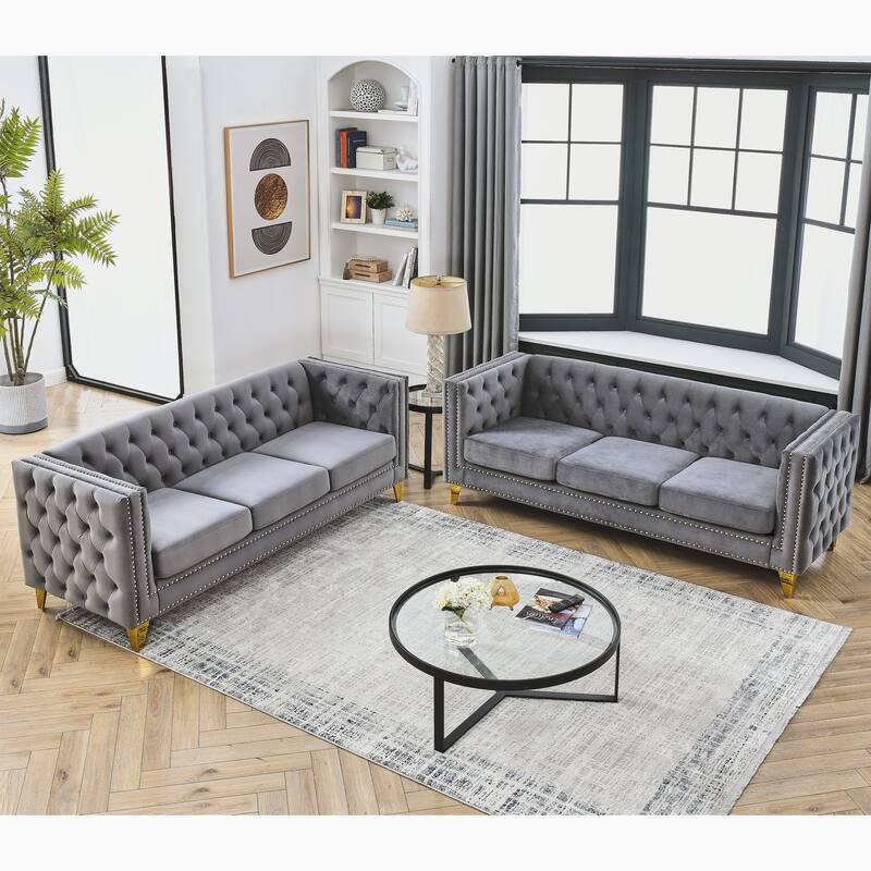 Classic Chesterfield Velvet Sofa Set, 2-Piece Button-Tufted 3-Seater Couch with Nailhead Trim and Metal Legs