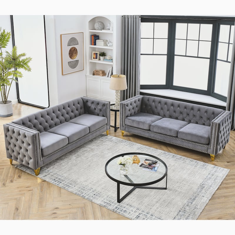 Roomfitters 5-Seater Velvet Sofa Set, 3+2 Chesterfield Square-Arm Tufted Couches with Nailhead Trim and Gold Legs - Gray - 6 Seater