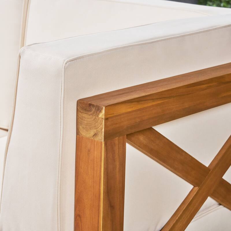 Brava Outdoor 3-Seater Acacia Wood Sectional Sofa Set with Coffee Table and Cushions by Christopher Knight Home