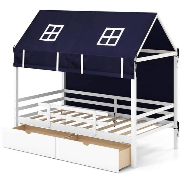 slide 2 of 10, Costway Twin House Bed Solid Wood Playhouse Bed Low Loft Bed with Tent White & Blue - See Details