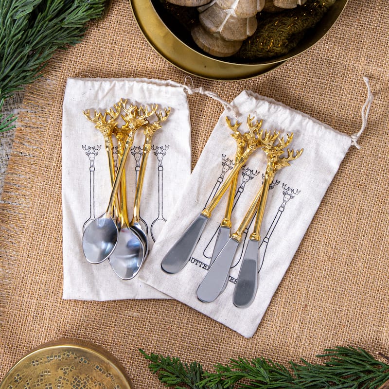 Stainless Steel and Brass Spoons with Reindeer Handles