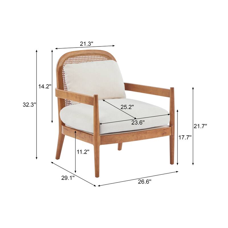 26.6" Solid Wood Accent Chair with Rattan Backrest, Cushioned Seat, Stylish Armchair for Living Room, Reading Nook, Set of 2