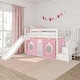 preview thumbnail 1 of 20, Twin Over Twin Low Bunk Bed with Stairs, Slide, & Princess Curtain White
