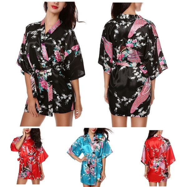 PEACOCK FLORAL PRINT Women's Satin Charmeuse Kimono Robes Set Belted Bathrobe Lingerie