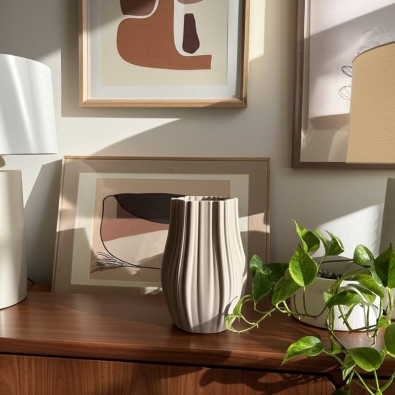 Stoneware Vase 3D Printed Sculpted Fluted Textured Curved