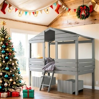 Playhouse Design Twin Size Low Loft Wood House Bed with Two Drawers, Space-Saving Design Multi-Functional Children's Bed