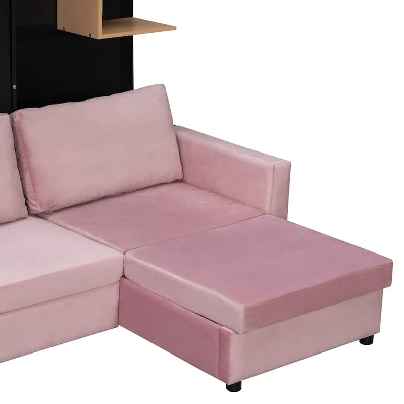 Queen Murphy Bed with Sofa and Cabinets Space Saving Sofa Wall Bed with Open Shelves and Dual Lights for Living Room Guest Room