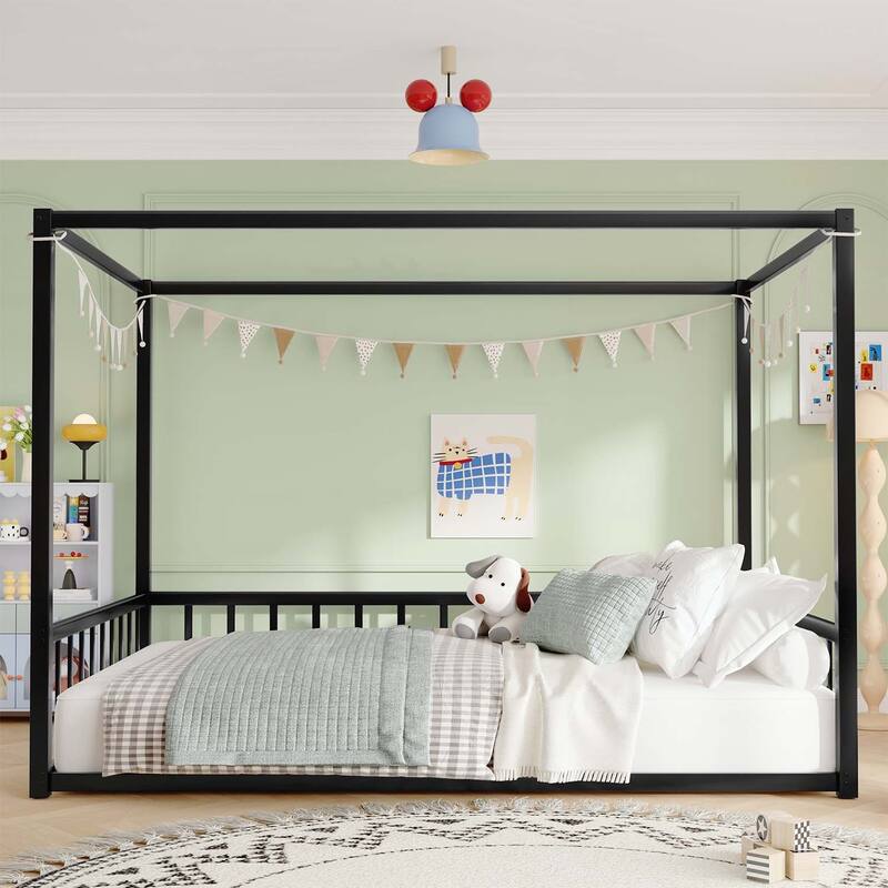 Sunshade Floor Bed,Iron Frame with Fence-Style Guardrails,Modern Low-Profile Design