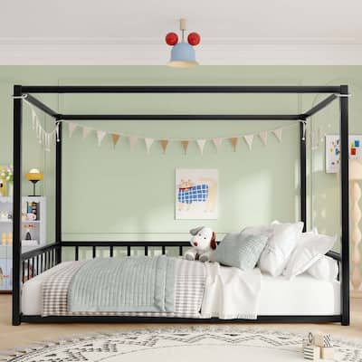 Sunshade Floor Bed,Iron Frame with Fence-Style Guardrails,Modern Low-Profile Design