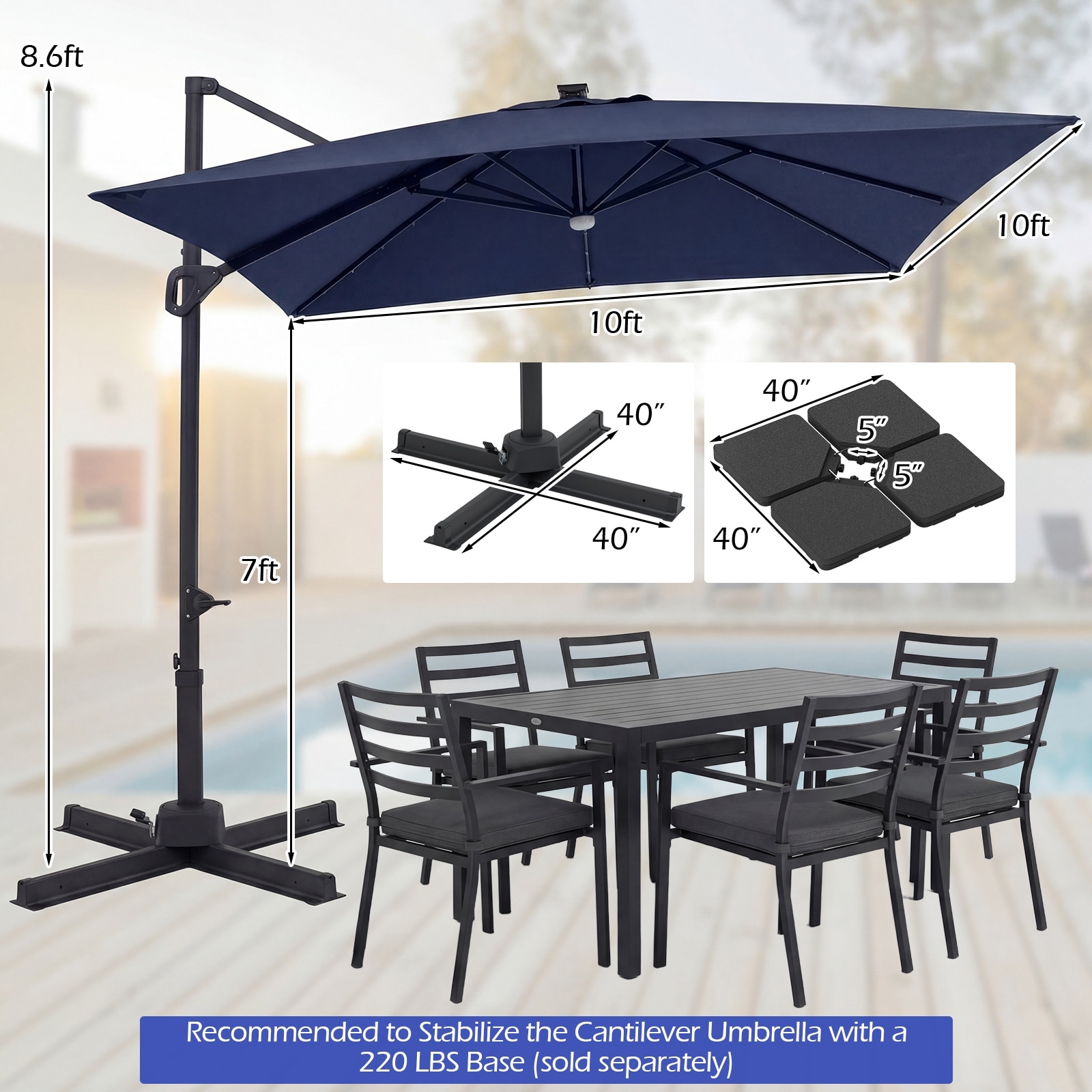 7ft cantilever patio umbrella 10 ft with 32 Solar LED Lights and 220 LBS Base-Dark Blue WEATHER READY 11x9 ft Aluminum Dual Top