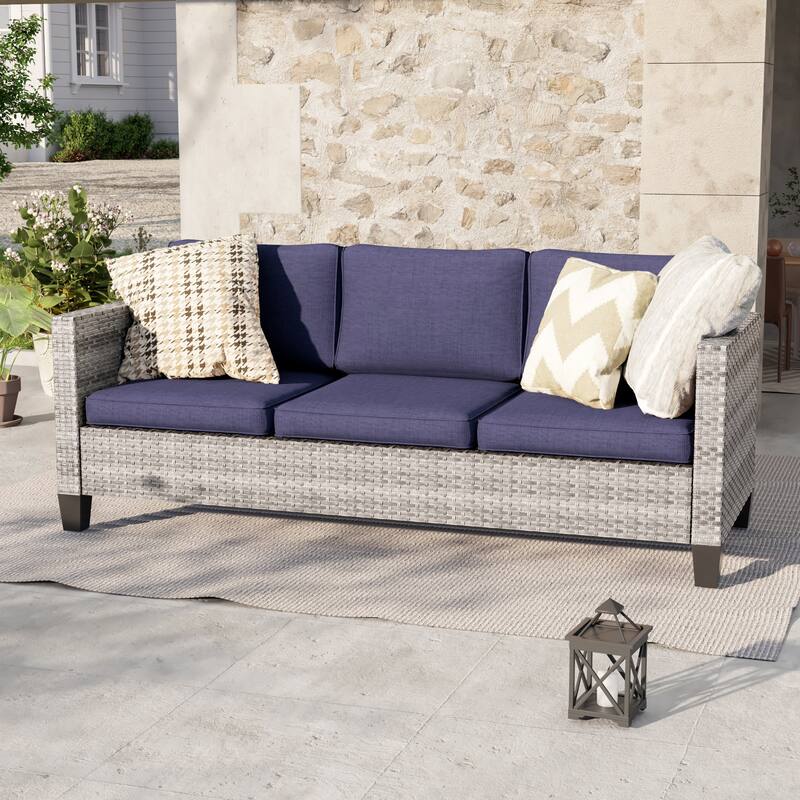 Livoosun Patio Outdoor Couch,3-Seater Furniture with Removable Cushion - Grey/Nvay Blue
