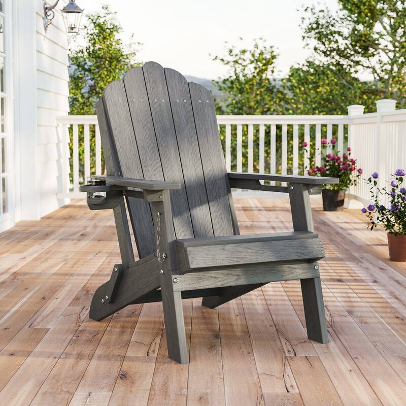 Foldable HDPE Adirondack Chair All-Weather W/ Cup Holder - Gray - 1-Piece